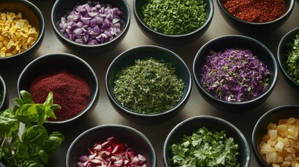 Poster - A vibrant and colorful assortment of various herbs and spices in bowls, creating a lively and aromatic cooking atmosphere