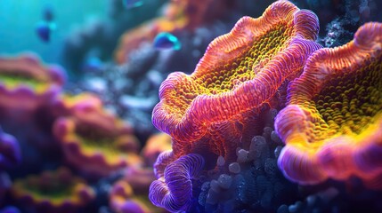 Aufkleber - Coral reefs microscopic concept. Vibrant coral reefs display stunning colors and rich marine life under clear waters.