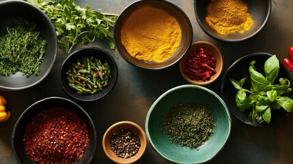 Poster - A vibrant and colorful assortment of various herbs and spices in bowls, creating a lively and aromatic cooking atmosphere