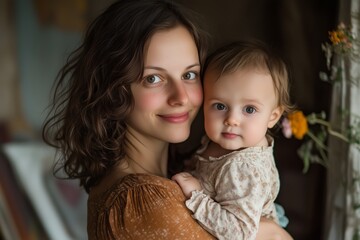 Wall Mural - Sweet mother holding her baby in her arms and smiling at the camera