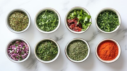 Poster - A vibrant and colorful assortment of various herbs and spices in bowls, creating a lively and aromatic cooking atmosphere