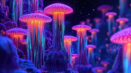 Poster - Microscopic ocean life idea. Colorful jellyfish illuminate the ocean depths, creating a surreal underwater atmosphere.