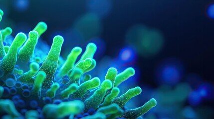 Poster - Marine life microscopic idea. Close-up of vibrant green coral structures in a mesmerizing underwater environment.