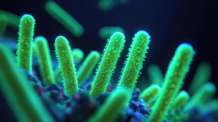 Aufkleber - Marine life microscopic idea. Close-up view of vibrant green microscopic structures glowing in darkness.