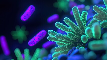 Poster - Marine life microscopic idea. Colorful microorganisms in a vibrant underwater ecosystem, showcasing a dynamic life.
