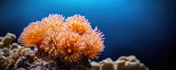 Poster - Coral reefs microscopic concept. Vibrant coral reef undersea surrounded by clear, blue ocean waters, showcasing marine biodiversity.