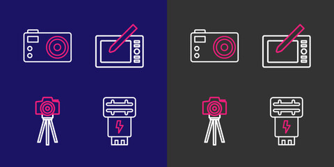 Poster - set line photo camera flash, graphic tablet and icon. vector