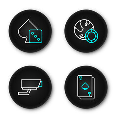 Poster - set line playing card with spades, security camera, casino chips and game dice icon. vector