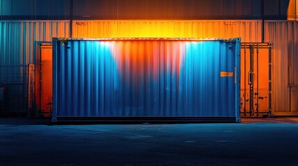 Poster - A vibrant blue and orange freight container glowing under industrial lights in a dimly lit yard, evoking a sense of mystery and solitude
