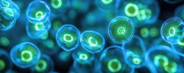 Aufkleber - Microscopic ocean life idea. Microscopic view of vibrant, glowing cells in various shapes and sizes