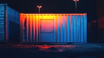Poster - A vibrant blue and orange freight container glowing under industrial lights in a dimly lit yard, evoking a sense of mystery and solitude