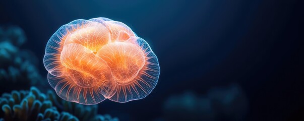 Poster - Microscopic ocean life idea. A vibrant jellyfish swimming gracefully in deep ocean waters, showcasing its beauty.