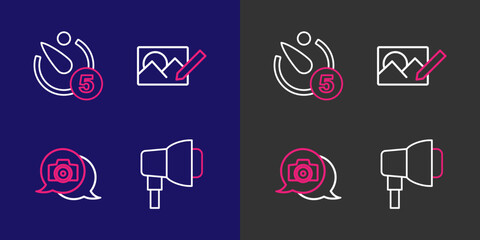 Poster - Set line Softbox light, Photo camera, retouching and Camera timer icon. Vector