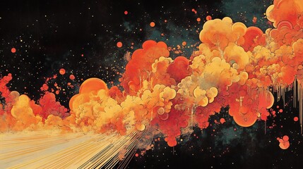 Wall Mural - Abstract swirling orange paint flows dynamically across black background creating vibrant energy. AI Generated