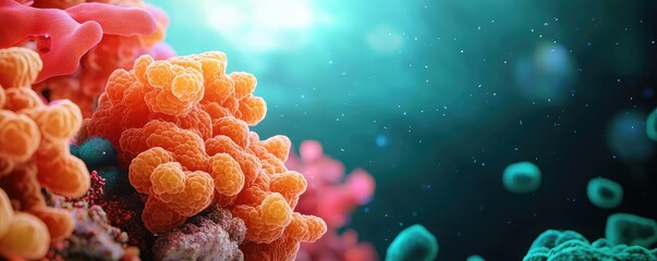 Poster - Marine life microscopic idea. Vibrant coral formations underwater with shimmering blue light illuminating the scene.