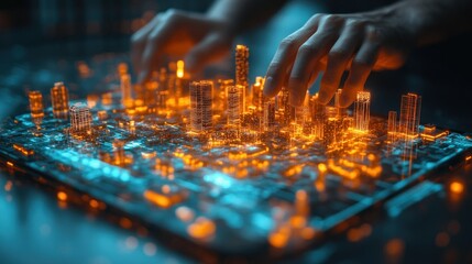 Poster - Hands Interacting with Futuristic Cityscape Model at Night