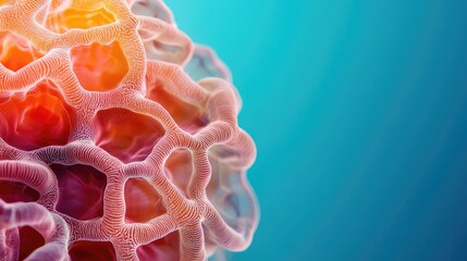 Poster - Coral reefs microscopic concept. Close-up of colorful cell structure on vibrant blue background, showcasing intricate details.