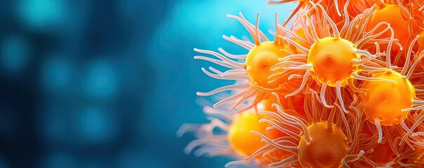 Poster - Microscopic ocean life idea. Close-up view of vibrant orange coral in underwater environment.