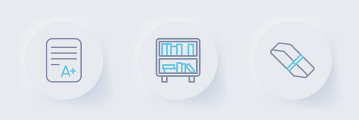 Poster - Set line Eraser or rubber, Shelf with books and Exam sheet A plus grade icon. Vector