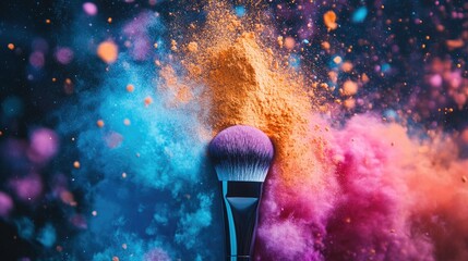 Poster - A vibrant shot of a makeup brush releasing a fine mist of powder, with the particles catching the light and creating a burst of colorful energy