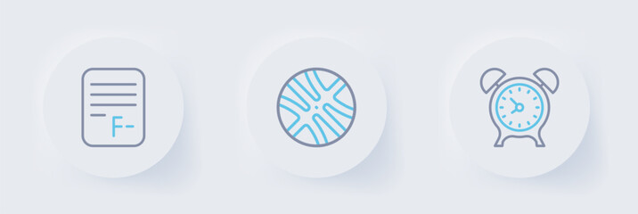 Poster - Set line Alarm clock, Basketball ball and Exam paper with incorrect answers icon. Vector