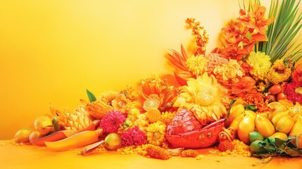 Poster - A vibrant Thaipusam banner with a stunning yellow-orange gradient, intricate kavadi knives, and a colorful display of fruits and flowers to enhance the festive spirit