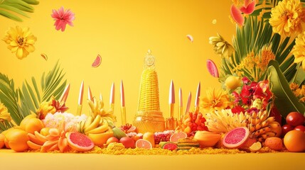 Poster - A vibrant Thaipusam banner with a stunning yellow-orange gradient, intricate kavadi knives, and a colorful display of fruits and flowers to enhance the festive spirit