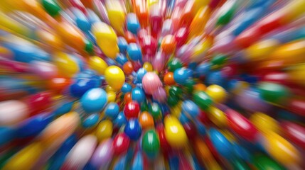 Poster - A vivid explosion of Styrofoam mini balls in various colors, frozen in motion with blur effect, capturing the energy and excitement of the moment