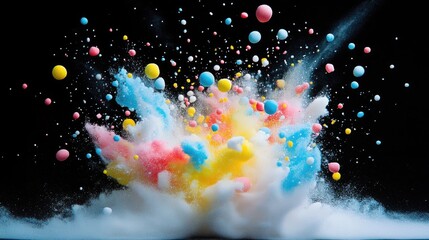 Poster - A vivid explosion of Styrofoam mini balls in various colors, frozen in motion with blur effect, capturing the energy and excitement of the moment