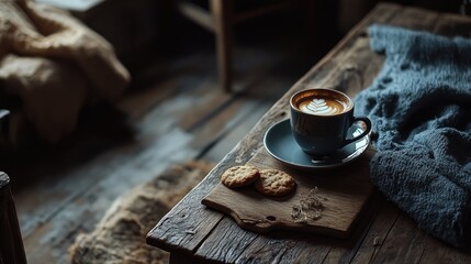 Poster - A warm cup of coffee accompanied by freshly baked cookies on a rustic wooden table, perfect for a cozy afternoon break in a comforting setting