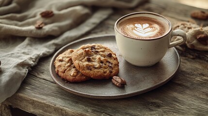 Poster - A warm cup of coffee and a plate of freshly baked cookies placed on a rustic wooden table, evoking a cozy, comforting vibe perfect for a quiet afternoon