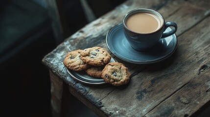 Poster - A warm cup of coffee and a plate of freshly baked cookies placed on a rustic wooden table, evoking a cozy, comforting vibe perfect for a quiet afternoon