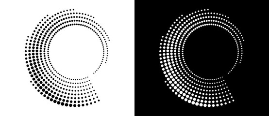 Leinwandbilder - Circle abstract background with dynamic halftone dots in spiral. Black shape on a white background and the same white shape on the black side.