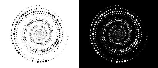 Leinwandbilder - Circle abstract background with dynamic halftone dots in spiral. Black shape on a white background and the same white shape on the black side.