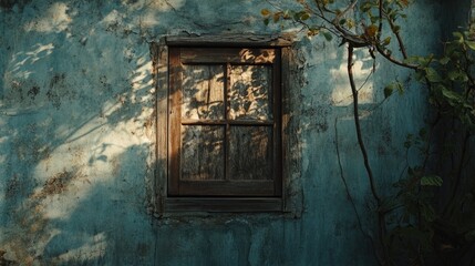 Poster - A weathered wooden window with a wooden visor creates long, mysterious shadows on the cracked farmhouse wall, evoking a rustic and antique charm