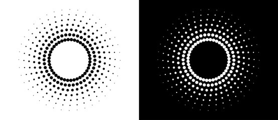 Fototapete - Art sun background. Icon template or logo with halftone dotted lines. Black shape on a white background and the same white shape on the black side.