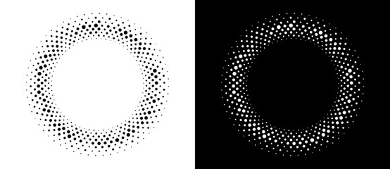 Wall Mural - Modern abstract background. Halftone dots in circle form. Round logo, design element or icon. Vector dotted frame. A black figure on a white background and an equally white figure on the black side.