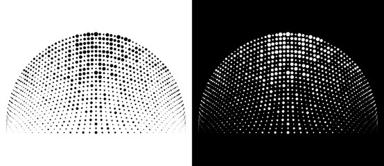 Aufkleber - Modern abstract background. Halftone dots in semicircle. Vector dotted round logo. Design element or icon. Black dots on a white background and white dots on the black side.