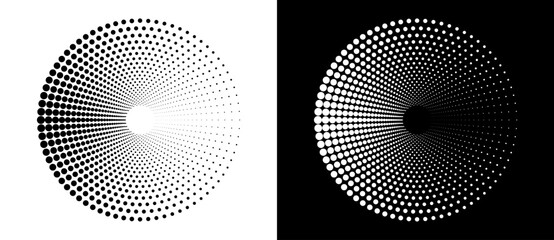 Leinwandbilder - Modern abstract background. Halftone dots in circle form. Round logo, design element or icon. Vector dotted frame. A black figure on a white background and an equally white figure on the black side.