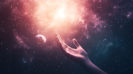 Aufkleber - A hand reaching towards a cosmic explosion in a starry universe.