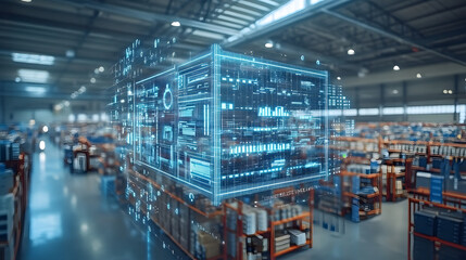 Poster - A digital representation of data processing in a modern warehouse, showcasing technology and efficiency in inventory management