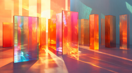 Poster - A vibrant display of colorful glass panels casting reflections and shadows, creating a stunning interplay of light and color