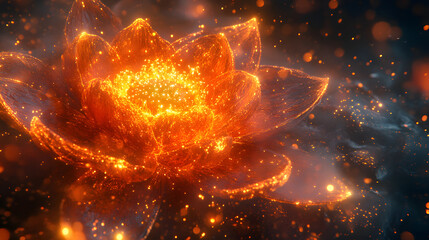 Poster - A glowing lotus flower radiates vibrant orange hues against a mystical backdrop, exuding beauty and tranquility