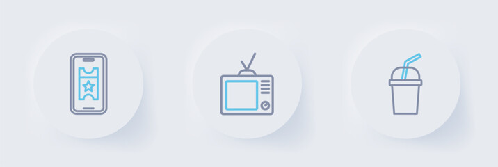 Poster - set line paper glass with water, retro tv and buy cinema ticket online icon. vector