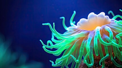 Poster - Microscopic ocean life idea. Vibrant underwater scene showcasing a colorful sea anemone with flowing tentacles.