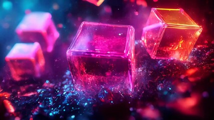 Poster - Abstract neon cubes floating in a futuristic digital space with glowing reflections and intricate details