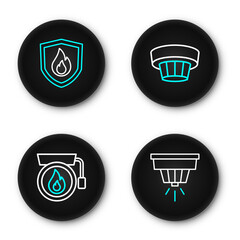 Poster - set line smoke alarm system, ringing bell, and fire protection shield icon. vector