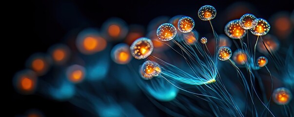 Poster - Microscopic ocean life idea. A glowing collection of jellyfish illuminating the underwater world.