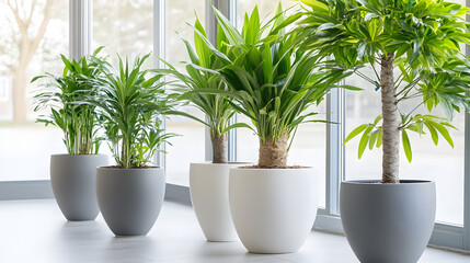 Poster - Three potted indoor plants arranged in front of a window with natural light and stylish pots