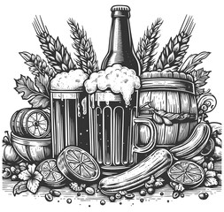 Wall Mural - beer still life with bread, barley flowers raster